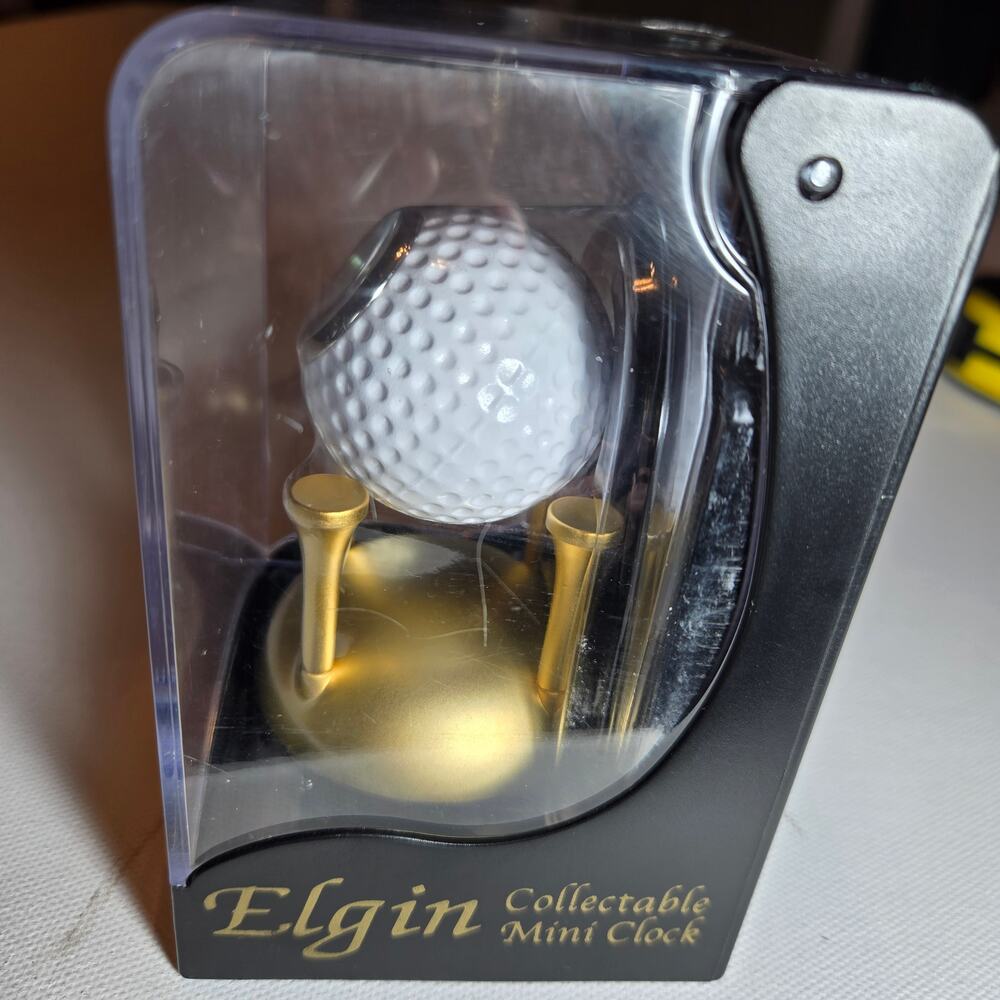 Vintage Elgin Collectable Mini Clock Golf Ball On Gold Tees New Sealed Box